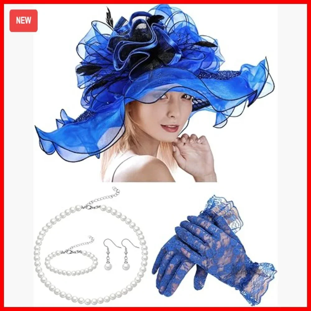 Wide Brim Organza Derby Hat Set with Gloves and Pearl Jewelry